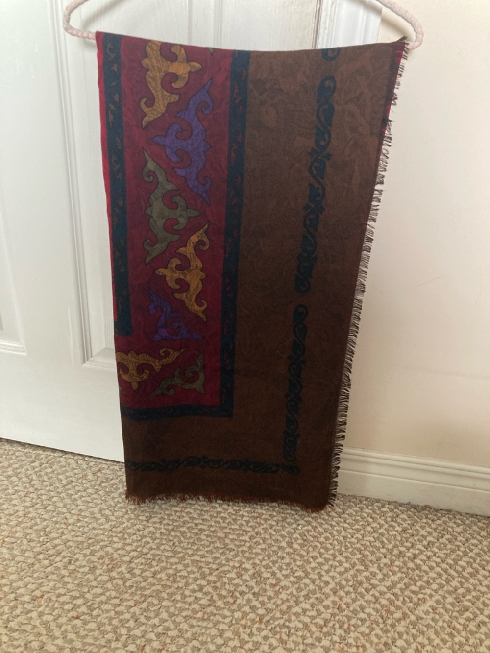 Boho Patterned Fringe Scarf in Brown and Burgundy